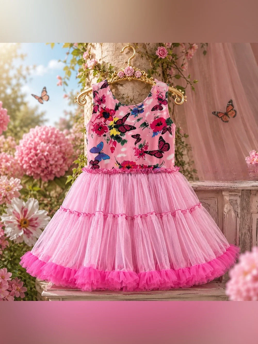 Popatu Pink Butterfly Tulle Dress Girls 3-4 + Matching Hair Clip